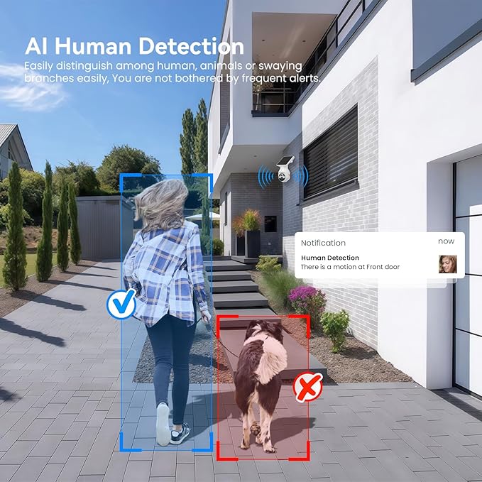 1080p WiFi Outdoor Security Camera with Solar Panel, Battery Powered, AI Motion Detection, Night Vision, Two Way Talk, IP65, Cloud Storage, Human Detection, 2.4GHz Only, Pan Tilt