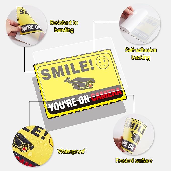 3PCS Smile Your On Camera Sign, Self-Adhesive Waterproof and Fade-Resistant Security Camera Sticker,You Are Being Recorded Sign for Home, Office, Shop, Door（7.7" x 5.3"）