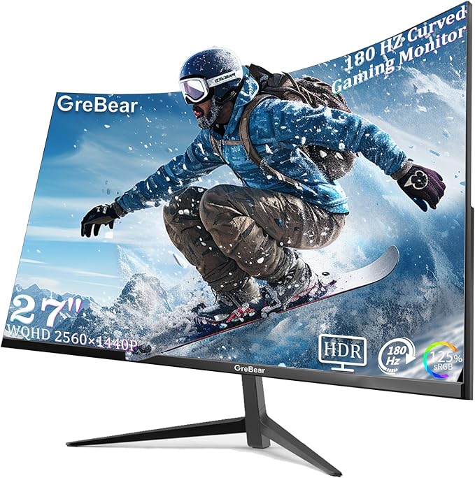 27 Inch Gaming Monitor Curved 1440P 180HZ 2K, Professional PC Display QHD 2560x1440p Home Office Computer Screen, HDMI, DP, AdaptiveSync, 1500R, Tilt Adjustable, Build-in Speaker, 100x100mm VESA