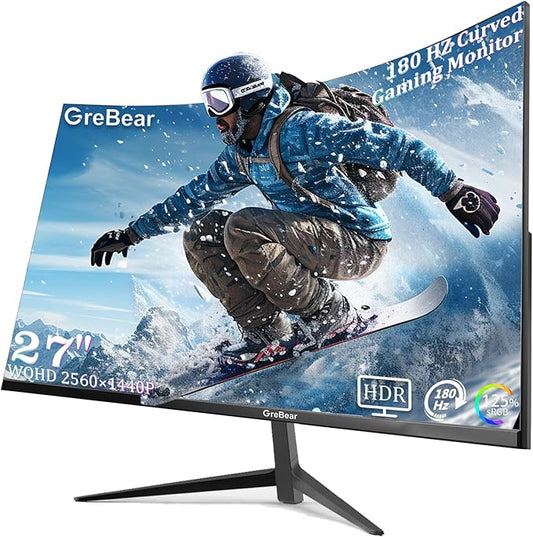 27 Inch Gaming Monitor Curved 1440P 180HZ 2K, Professional PC Display QHD 2560x1440p Home Office Computer Screen, HDMI, DP, AdaptiveSync, 1500R, Tilt Adjustable, Build-in Speaker, 100x100mm VESA