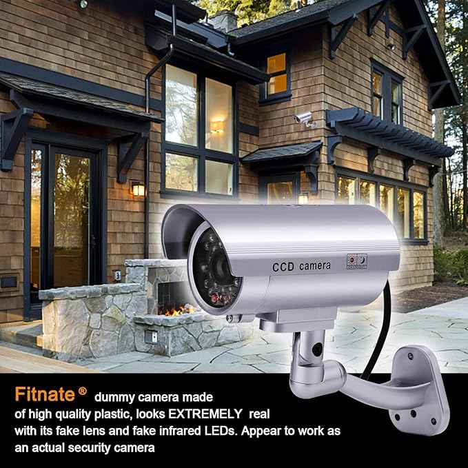 FITNATE Dummy Security Camera, 4 Packs Fake Surveillance Security CCTV Camera System with LED Red Flashing Light for Both Indoor & Outdoor Use + Security Camera Warning Stickers × 4 (Silver)