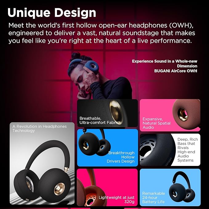 BUGANI AirCore Open-Ear Wireless Headphones: Bluetooth 5.3 Over-Ear Headset with Removable Noise-Canceling Ear Caps, Dual-Driver HiFi Sound, 24H Battery Life Comfortable Fit, Type-C Fast Charging