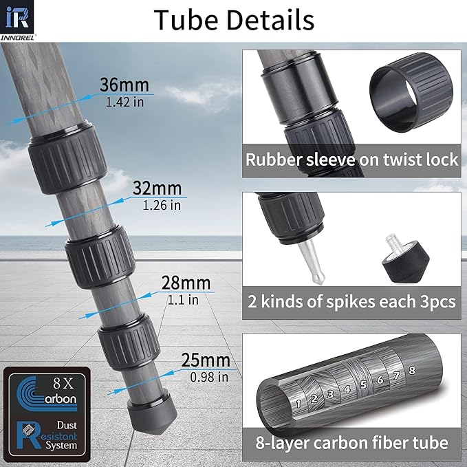 Carbon Fiber Tripod INNOREL NT364C Professional Birdwatching Heavy Duty Camera 25kg/55lb max Load Bowl Tripod Birdwatching Camera Stand (Max Tube 36mm, Only Tripod)