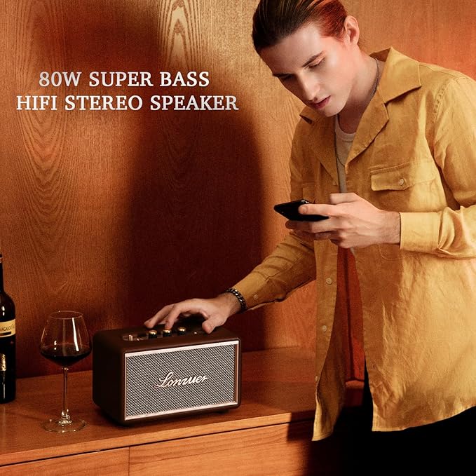 Retro Wooden Portable Wireless 10000mAh Battery Loud Bass Subwoofer TWS Bluetooth Speaker with AUX Input, SD Card Slot, USB Port for Outdoor Party (Brown)