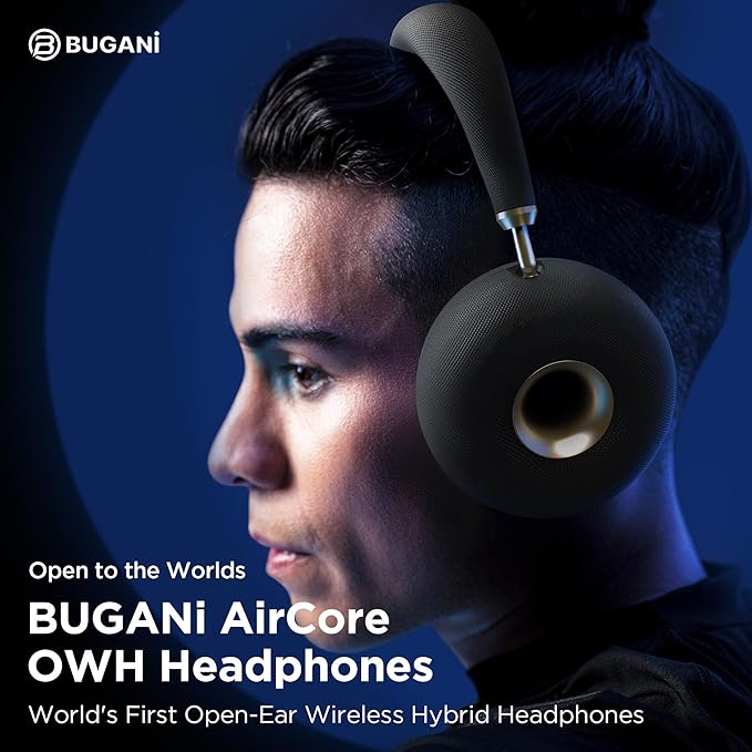 BUGANI AirCore Open-Ear Wireless Headphones: Bluetooth 5.3 Over-Ear Headset with Removable Noise-Canceling Ear Caps, Dual-Driver HiFi Sound, 24H Battery Life Comfortable Fit, Type-C Fast Charging