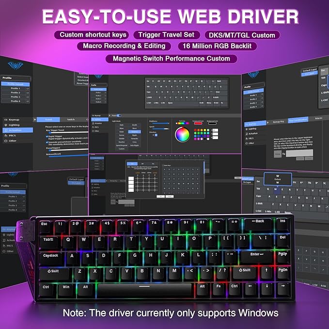 AULA WIN68 HE Mechanical Gaming Keyboard 60%, Hall Effect Magnetic Switch, Fast Trigger Mode Adjustable Actuation, 8000Hz Polling Rate, RGB Backlit, Wired Black Keyboard for Laptop/PC Gamer