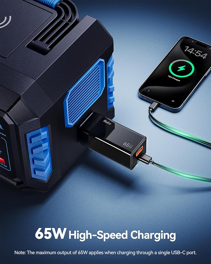 Ruko PD65W USB C Charger, 3-Port GaN Fast Charger Block, Compact Foldable Wall Charger for iPhone 16/15, MacBook Pro/Air, Galaxy S24, Pixel, Drone, Switch and More, Black