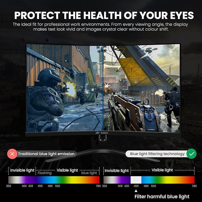 CRUA 27" Curved Gaming Monitor, FHD 1920x1080P, 144Hz/180Hz Computer Monitor, 1800R VA Screen, 120% sRGB, AMD FreeSync, HDMI & DP, Wall Mount Install- Black