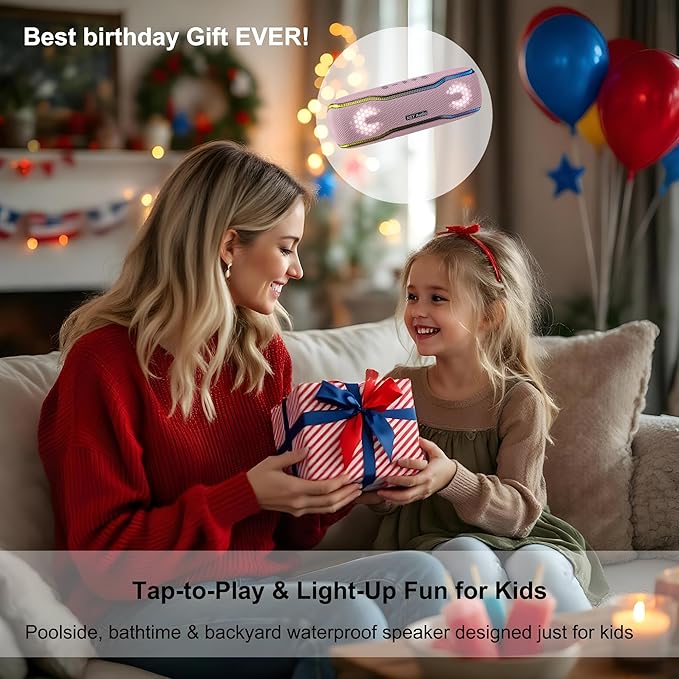 Pink Bluetooth Speaker, IPX7 Waterproof Outdoor Wireless Speaker, 24H Playtime, LED Lights, TWS Pairing, Ideal for Pool, Beach, Birthday Gifts for Teen Girls, Pink