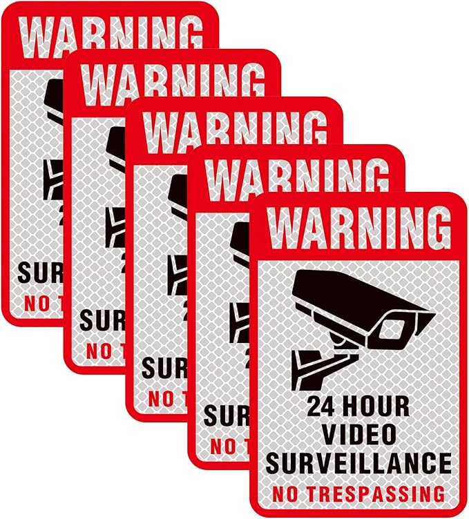 5 Pieces 24 Hours Video Recording Surveillance No Trespassing Sign Sticker. Self Adhesive 5.9 X 4 Inch, It Is Made of Reflective Film,Printed With UV Ink,Waterproof and Sunscreen, Not Fade.