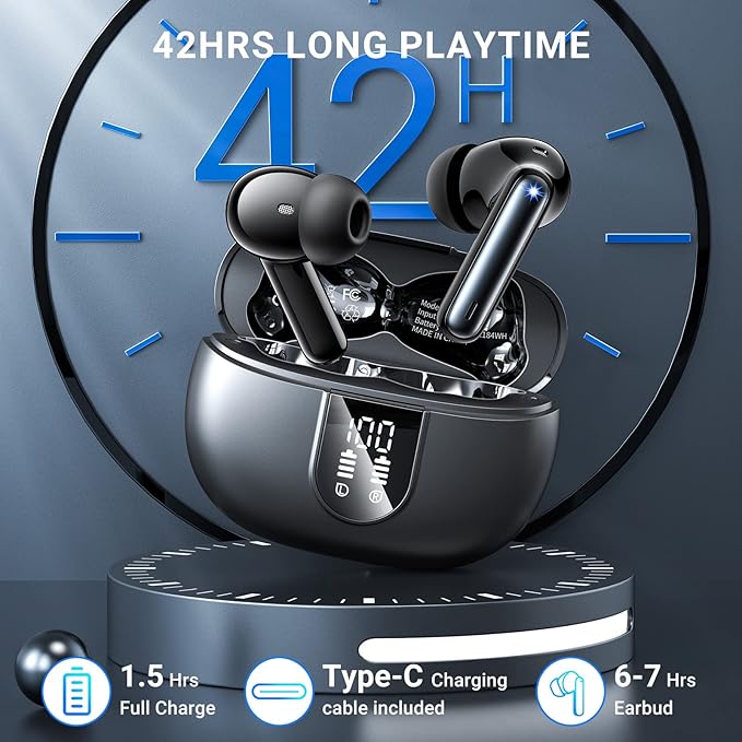 Wireless Earbuds, 2024 Wireless Headphones HiFi Stereo Earphones with 4 ENC Noise Canceling Mic, 42Hs Playtime In Ear Earbud, Bluetooth 5.3 Sport Earphones with LED Power Display for Android iOS Black