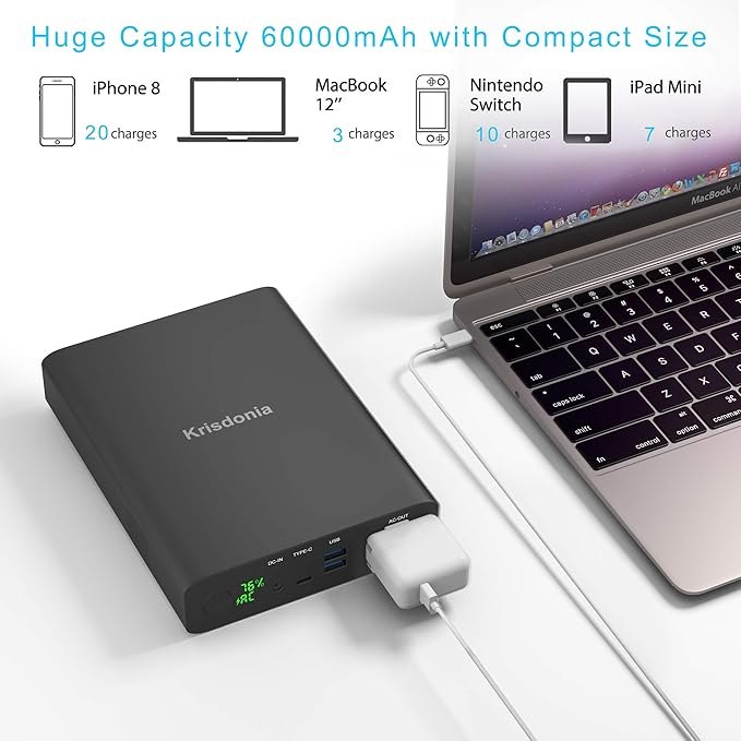 Krisdonia AC Outlet Portable Charger 60000mAh 110V/130W Laptop Power Bank with AC Outlet, 2 USB QC 3.0 and Type-C for Laptop, CPAP, Drone, Projector, Smartphone and Others