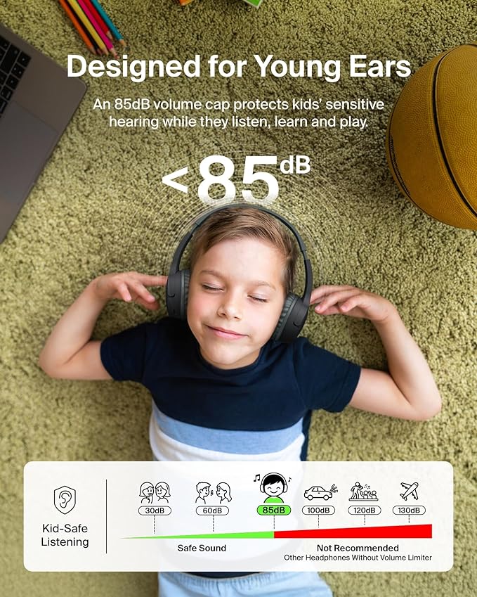 Belkin SoundForm Mini Kids Wireless Headphones w/Built-in Microphone, 30H of Playback Time, & Fun Stickers - Over-Ear Headsets for Online Learning, School, Travel, iPhone, iPad, Galaxy & More - Black