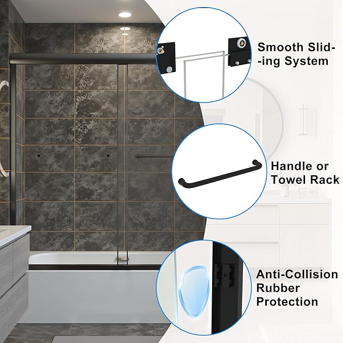 56-60" W x 58" H Bathtub Door Bathroom Tub Shower Door 1/4"(6mm) Thick Tempered Glass Shower Door with Stainless Steel Handle for Bathtub, Matte Black