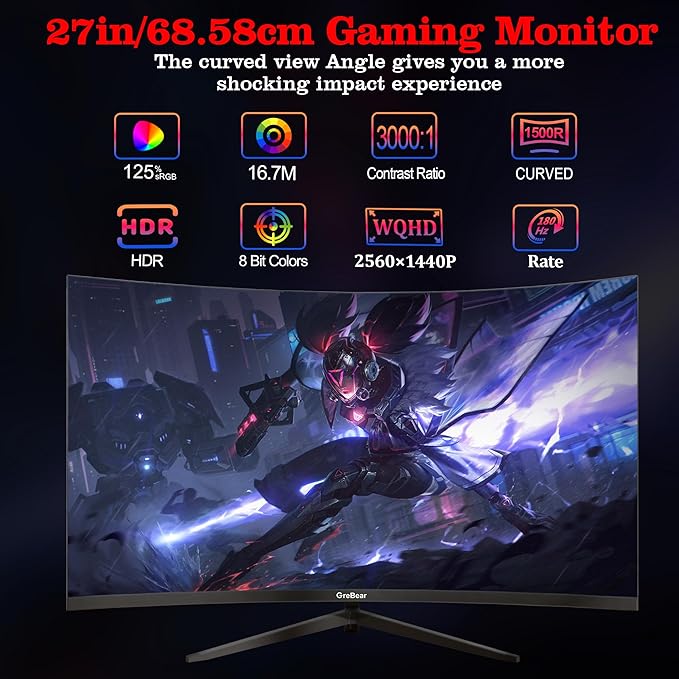 27 Inch Gaming Monitor Curved 1440P 180HZ 2K, Professional PC Display QHD 2560x1440p Home Office Computer Screen, HDMI, DP, AdaptiveSync, 1500R, Tilt Adjustable, Build-in Speaker, 100x100mm VESA
