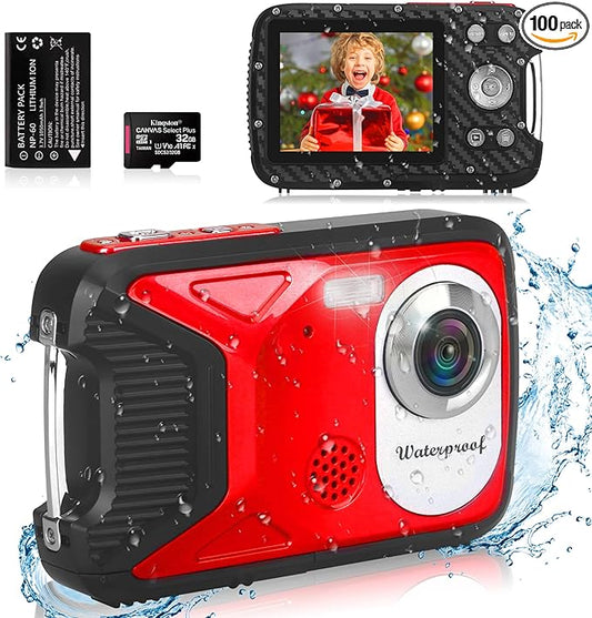 Waterproof Digital Camera with 32GB Card HD 1080P 36MP Underwater Digital Camera for Kids Teens Students Boys Girls(Red)