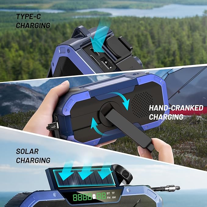 Bluetooth Hand Crank Emergency Solar Powered Radio,Waterproof Portable NOAA Weather AM FM Radio Speaker,Wind Up Flashlight Phone Charger,5000mAH Battery Operated for Storm,Outage,Hurricane,Survival