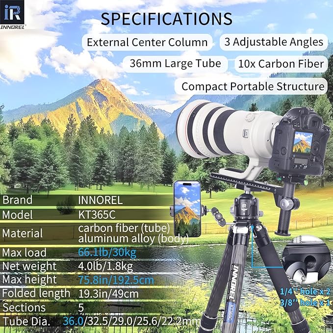 INNOREL KT365C Compact Carbon Fiber Camera Tripod 36mm Max Tube Professional 5 Sections Travel Tripod for Digital DSLR Video Camcorder Heavy Duty Camera Stand Load 66.1lb/30kg with Center Column