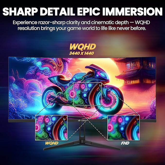 CRUA 34" Curved Gaming Monitor, IPS WQHD(3440x1440P) 120Hz 1900R 21:9 UltraWide PC Display, 130% sRGB, AMD FreeSync, Blue Light Filter, HDMI/DP Ports, Wall Mountable Installs– Black