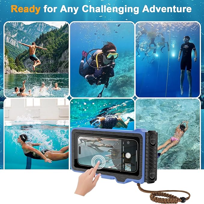 2025 Upgrade Waterproof Phone Case, Diving Snorkeling Swimming Scuba Underwater Touch Screen Photo Video Housing Cover for 17/16/15/14/13/12/11 Pro Max/XS/X Samsung Galaxy S25/S24/S23/S22 (Blue Black)