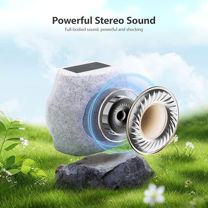 Outdoor Solar Rock Bluetooth Speakers with Colorful Lights, Deep Bass IPX4 Waterproof Speaker, Solar-Powered, TWS Paring, Perfect for Pool Garden and Outdoor Activities - Marble 2 Pack