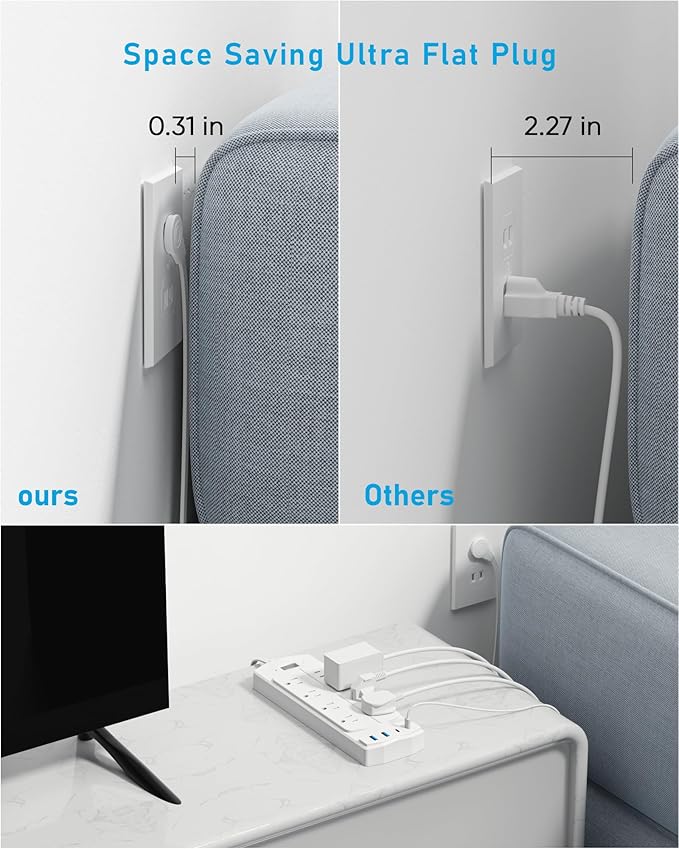 2 Prong Power Strip, Yozisital 2 Prong to 3 Prong Outlet Adapter, 5FT Flat Plug Extension Cord with 8 Outlets 4 USB Ports(2 USB C), Wall Mountable Surge Protector, Ideal for Non-Grounded Outlets