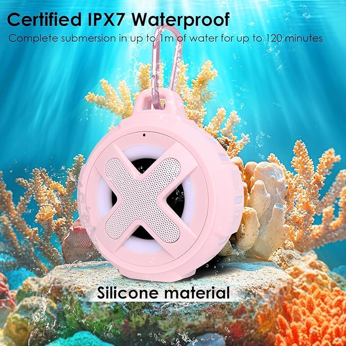 XLeader X8, Upgraded, Portable Bluetooth Speaker, Certified IP67 Waterproof Shower Speaker, Silicone Case, 10W Bass, 24H Playtime, Small, Floating, Lights, Clip, for Pool Beach Kayak Travel Gifts Pink