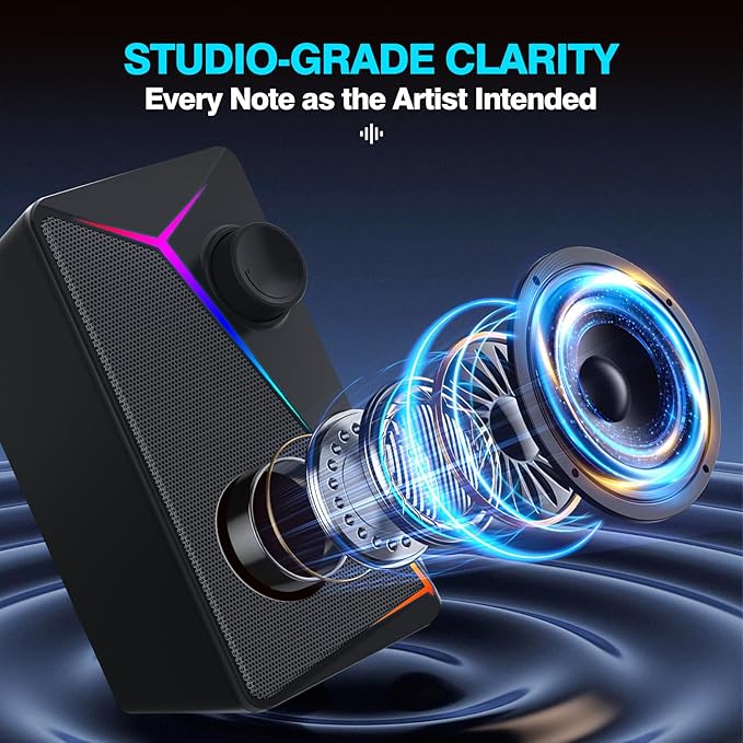 Computer Speakers for Desktop PC, USB-Powered Gaming Speakers for Laptop – Multi Colorful LED Backlight Modes, Stereo Sound for Gamers Music Movies, Indoor & Outdoor Use, 3.5mm AUX Cable