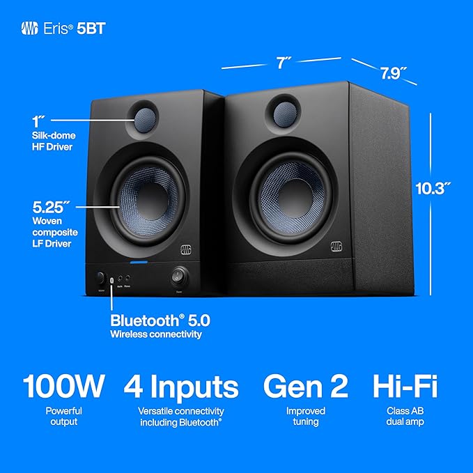 PreSonus Eris 5BT Bluetooth Studio Monitors, Pair — 5.25" Inch Powered Bookshelf Speakers, Stereo, Desktop Computer, Near Field Music Production, Audio Mixing Recording