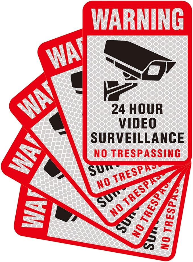 5 Pieces 24 Hours Video Recording Surveillance No Trespassing Sign Sticker. Self Adhesive 5.9 X 4 Inch, It Is Made of Reflective Film,Printed With UV Ink,Waterproof and Sunscreen, Not Fade.