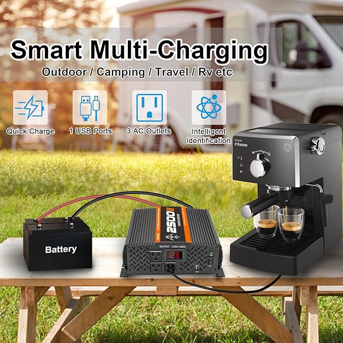 2500W Inverter 12V DC to 120V AC Converter for Home, RV, Truck, Off-Grid Solar Power Inverter with Built-in 5V/2.1A USB, AC Hardwire Port, Remote Controller