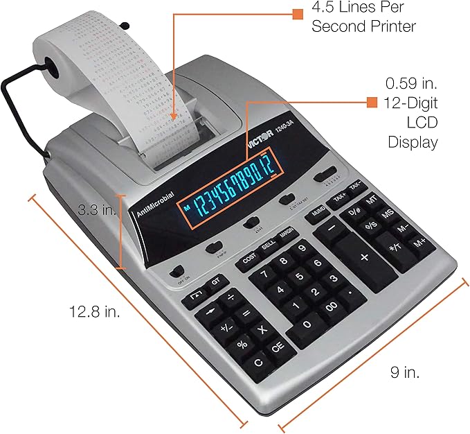 Victor 12-Digit Desktop Adding Machine, Large Easy To Read Display, Tape Print Out with 4,5 lines-per-second ribbon printer, Tax, Cost, Sell and Margin keys (1240-3A)