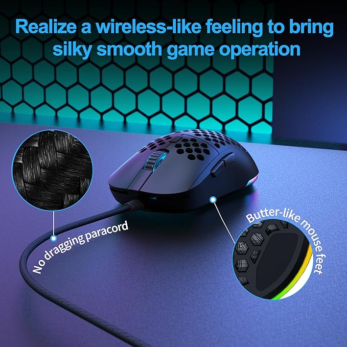 TMKB Falcon M1SE Ultralight Honeycomb Gaming Mouse, High-Precision 12800DPI Optical Sensor, 6 Programmable Buttons, Customizable RGB, Drag-Free Paracord, Ergonomic Wired Gaming Mouse - Matte Black