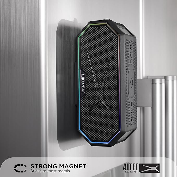 Altec Lansing Loud Portable Speakers Bluetooth Wireless Waterproof - MultiColor LED, 20 Hour Playtime, Mount Included | HydraBLAST 2.0 Magnetic Bluetooth Speaker for Travel, Home and Outdoor Adventure