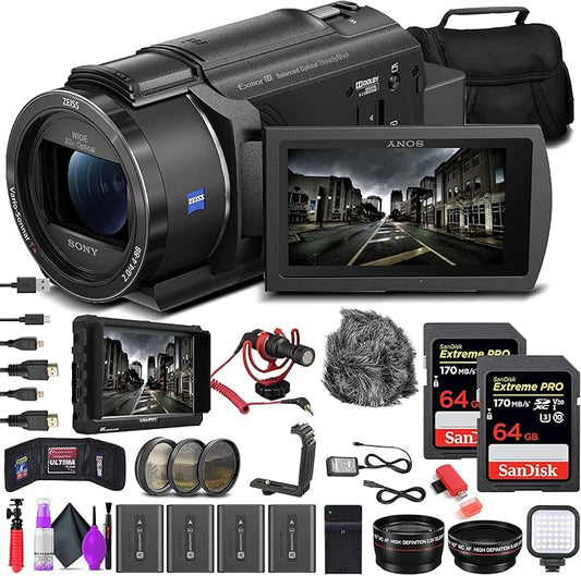 Sony FDR-AX43 UHD 4K Handycam Camcorder + 4K External Monitor + 2 x 64GB Memory Cards + 3 x NP-FV70 Batteries + 3 Piece Filter Kit + Wide Angle Lens + Telephoto Lens + Bag - Vlogging Bundle