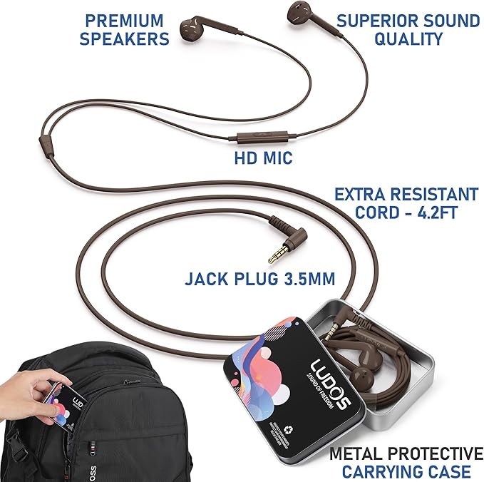 LUDOS FEROX Wired Earbuds in-Ear Headphones, 5 Year Warranty, Earphones with Microphone, Noise Isolation Corded for 3.5mm Jack Ear Buds for iPhone, Samsung, Laptop, Kids, School Students - Brown