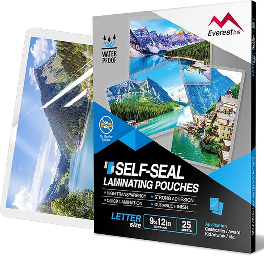 Everest Self Seal Laminating Pouches, Self Sealing for Letter Size, 9x12 Inch, Document and Certificate, Waterproof, 10 Mil Thick, Gloss Finish, No Machine Needed (9X12, 25, Pack)