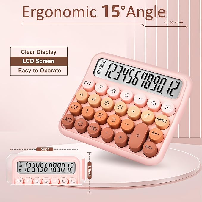 VEWINGL Mechanical Switch Calculator, 12 Digit Large LCD Display and Buttons, Great for Everyday Life and Basic Office Work, with Battery