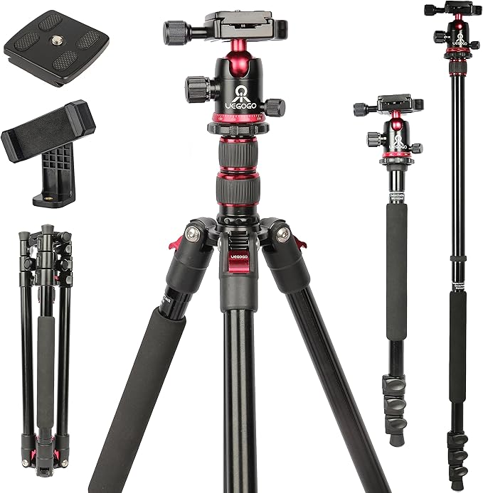 77" Camera Tripod,Foldable Lightweight Aluminum Tripod & Monopod with 360 Degree Ball Head Load Capacity 8kg/17.6lbs for DSLR Cameras Canon Nikon Binoculars Laser Telescope(Red)