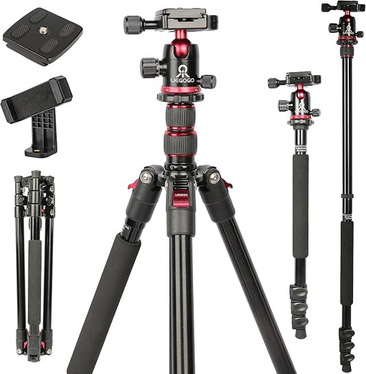 77" Camera Tripod,Foldable Lightweight Aluminum Tripod & Monopod with 360 Degree Ball Head Load Capacity 8kg/17.6lbs for DSLR Cameras Canon Nikon Binoculars Laser Telescope(Red)