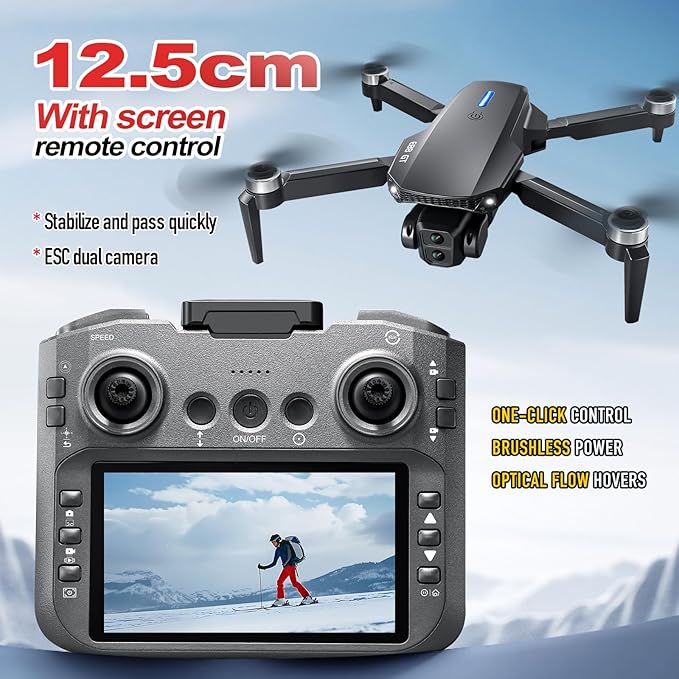 E88 GT Drone with 4.92-Inch Screen Controller,Brushless Motor, Optical Flow Localization, Active Obstacle Avoidance, 2 batteries. (Black-2 batteries)