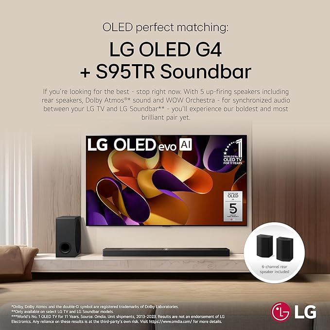 LG S95TR 9.1.5-Channel OLED evo TV Matching Home Theater Soundbar with Rear Surround Speakers and Wireless Subwoofer, Wow Orchestra, Dolby Atmos, WOWCAST Built-in (2024 Model)