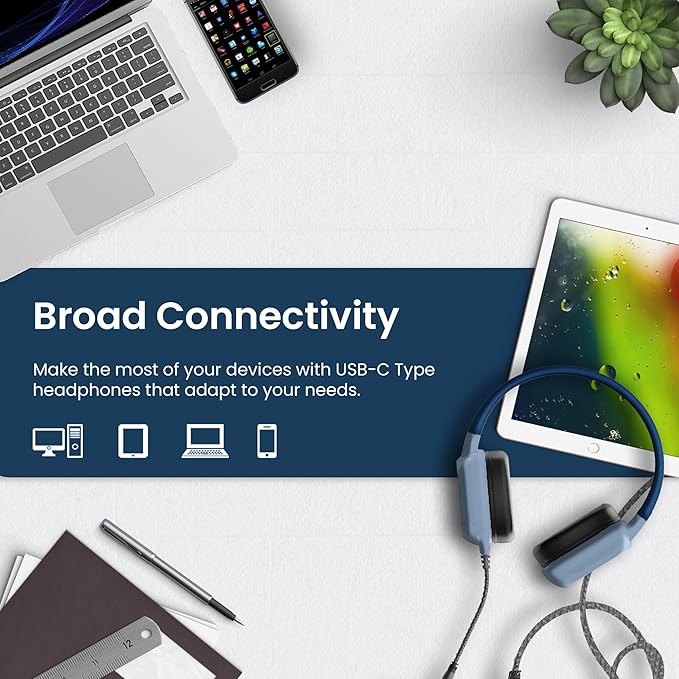 Brenthaven Headphones Wired | USB C On-Ear Rugged 2 Adjustable Headphones with Long Tangle Free Cord - Lightweight Durable and Drop Tested School Supplies for Kids Travel and K-12 Students - Blue