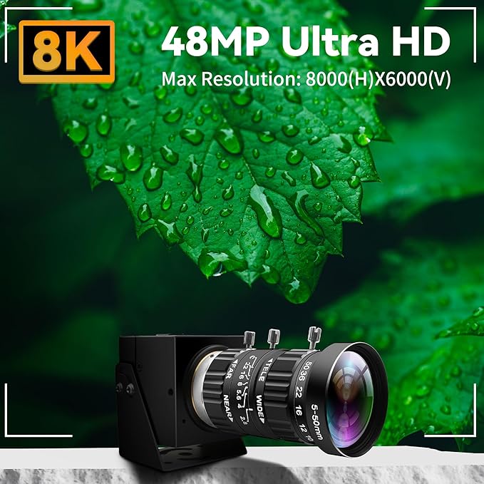 48MP USB Webcam 8K Ultra HD Color Camera with 5-50mm 10X Manual Optical Lens 6000P Industrial Security Video Camera Close-Up Zoom Function Plug-and-Play for Windows, Linux, Mac OS