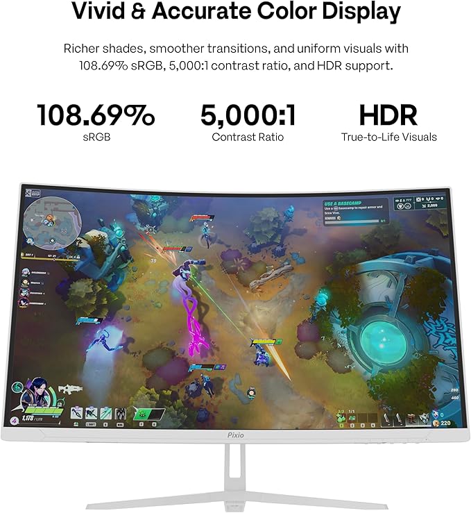 Pixio PXC278 Wave White 27 inch 180Hz Refresh Rate QHD 1440p Resolution 1650R Curved Fast VA Panel 1ms GTG Response Time Adaptive Sync HDR Curved Gaming Monitor