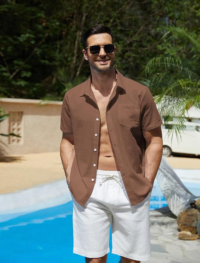 Vssjavun Mens Short Sleeve Button Down Shirts Casual Cotton Shirt Summer Beach Tops with Pocket