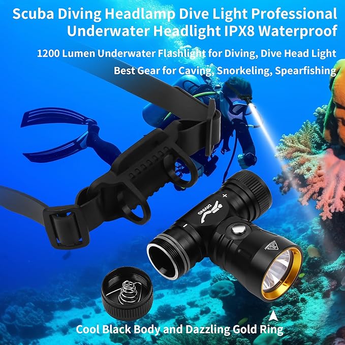 WINDFIRE Dive Light Diving Headlamp, IPX8 Waterproof Flashlight, Super Bight Underwater Lights, 3 Modes Dive Headlight with Power Indicator for Snorkeling, Diving