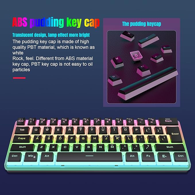 Snpurdiri 60% Wired Gaming Keyboard, Pudding Keycaps with Translucent Layer,RGB Ultra-Compact Mini Keyboards, Waterproof Small 61 Keys Keyboard for Office/Gaming(Black)