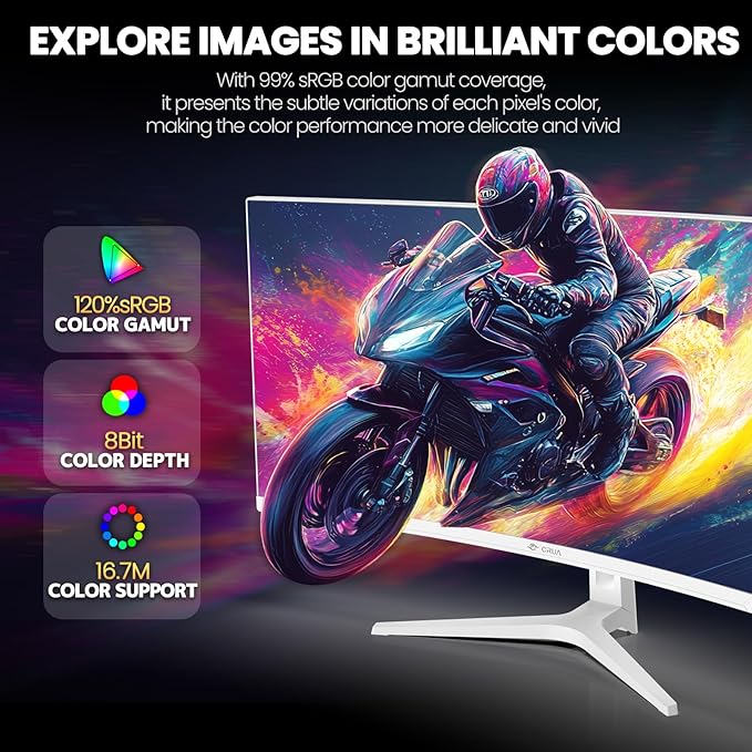 CRUA 34'' White Gaming Monitor 165Hz/144Hz 21:9 1500R Ultrawide Curved Monitor, WQHD 3440X1440 120%sRGB VA Panel Computer Monitor Support Freesync, PIP/PBP, HDMI2.0 & DP1.4, Wall Mount&Tilt Adjustable