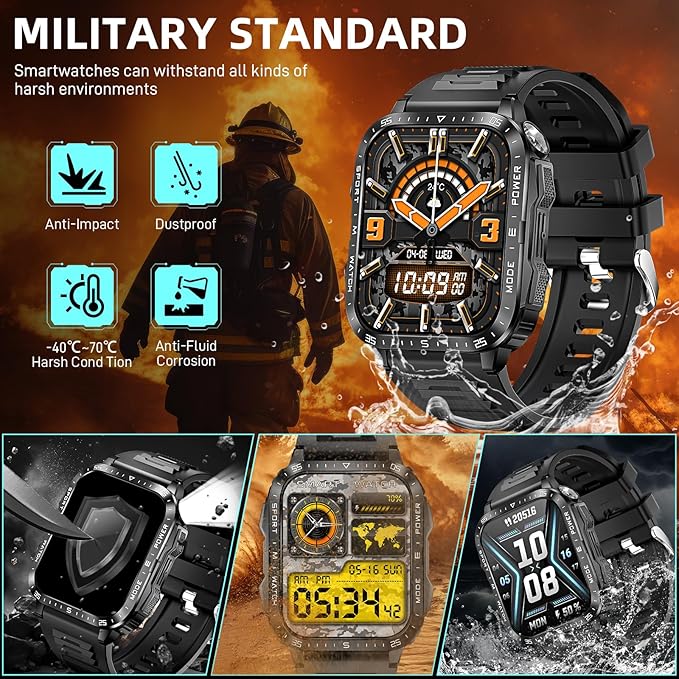 Military Smart Watches for Men (Make/Answer Call) with LED Flashlight 1.96" Big Screen 430mAh Fitness Tracker with Sport Modes Heart Rate Monitor Rugged Smartwatch for iPhone Android